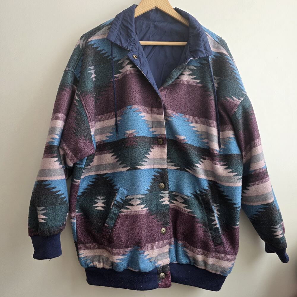 Vintage Braetan Reversible Jacket‎ Southwest Aztec Size Large Blue Rain Coat
